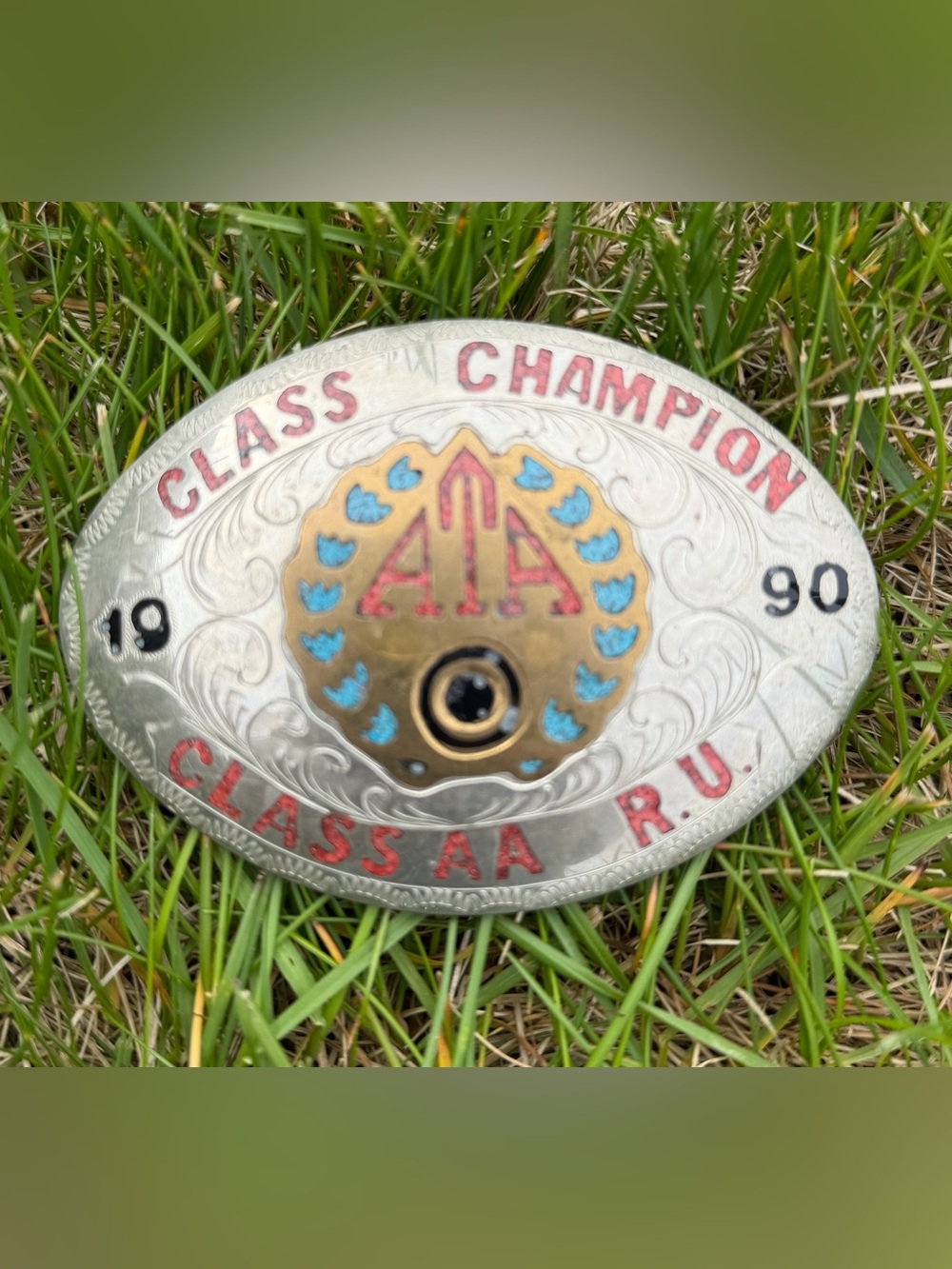 Vintage shooting Class Champion 1990 Oval Buckle with turquoise and Gold Accents